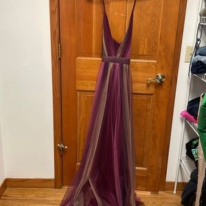 Criss cross back purple and tan maxi dress.